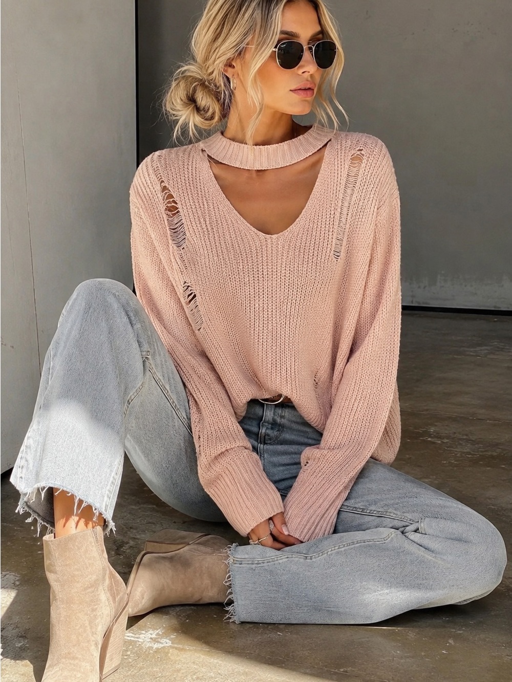 Crave Fame Distressed Choker V-Neck Sweater - Dusty Rose